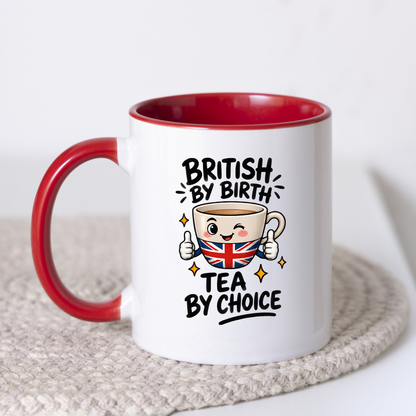 British Tea Mug "BRITISH BY BIRTH TEA BY CHOICE" Funny Tea Cup 325ml Ceramic Coffee Mug Witty Union Jack Tea Cup with Cartoon Character Gift | Available in Multicolours | Fast Dispatch by UK Seller (M3001)