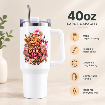 Cute Highland Cow Travel Tumbler "Good Days Ahead" Graphic 40oz Stainless Steel Insulated Travel Mug with Handle & Straw â€“ Winter Calf in Pink Bobble Hat, Leopard Scarf & Pink Travel Mug Novelty Travel Cup | Fast Dispatch by UK Seller (T3004)