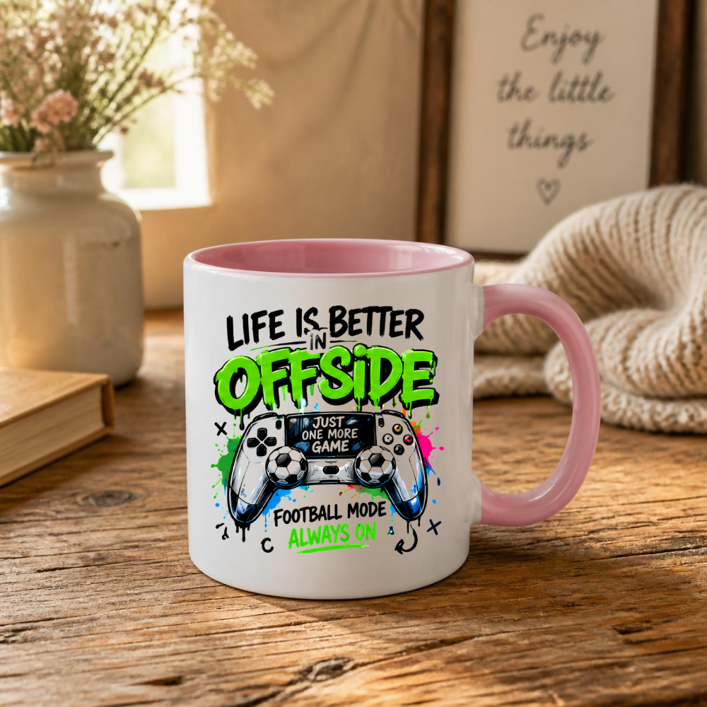 Football Mug "LIFE IS BETTER IN OFFSIDE" Gamer Controller 325ml Ceramic Coffee Mug Gaming & Football Tea Cup with "JUST ONE MORE GAME" Controller Graphic Gift | Available in Multicolours | Fast Dispatch by UK Seller (M3093)