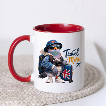 Travel Mug "Travel More Cool Pigeon" 325ml Ceramic Coffee Mug – Cool Traveller Pigeon with Camera, Bucket Hat, Denim Jacket & Union Jack Suitcase Gift For Photographers Globe Trotters | Available in Multicolours | Fast Dispatch by UK Seller (M3241)