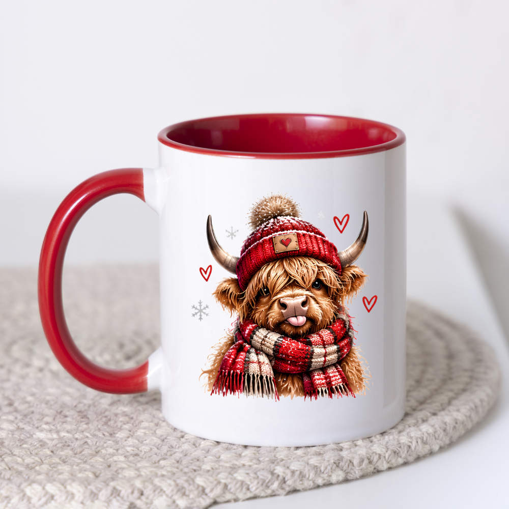 Highland Cow Winter Scarf Mug "Cozy Winter Highland Cow" Cozy Winter Highland Cow 325ml Ceramic Coffee Mug – Cute Highland Cow in Red Pom-Pom Beanie & Matching Tartan Scarf with Snowflakes & Hearts | Winter Gift | Fast Dispatch by UK Seller (M3396)