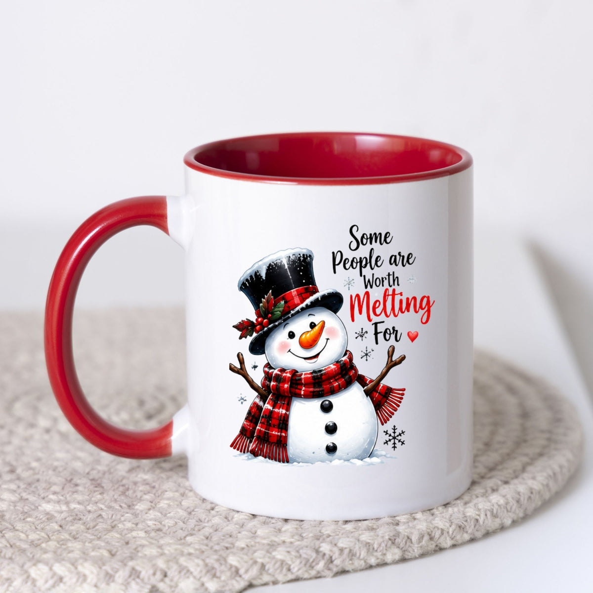 Heartwarming Mug "Some People Are Worth Melting For" Snowman 325ml Ceramic Coffee Mug Cute Winter Holiday Tea Cup with Red Plaid Scarf & Quote Gift | Available in Multicolours | Fast Dispatch by UK Seller (M1246)