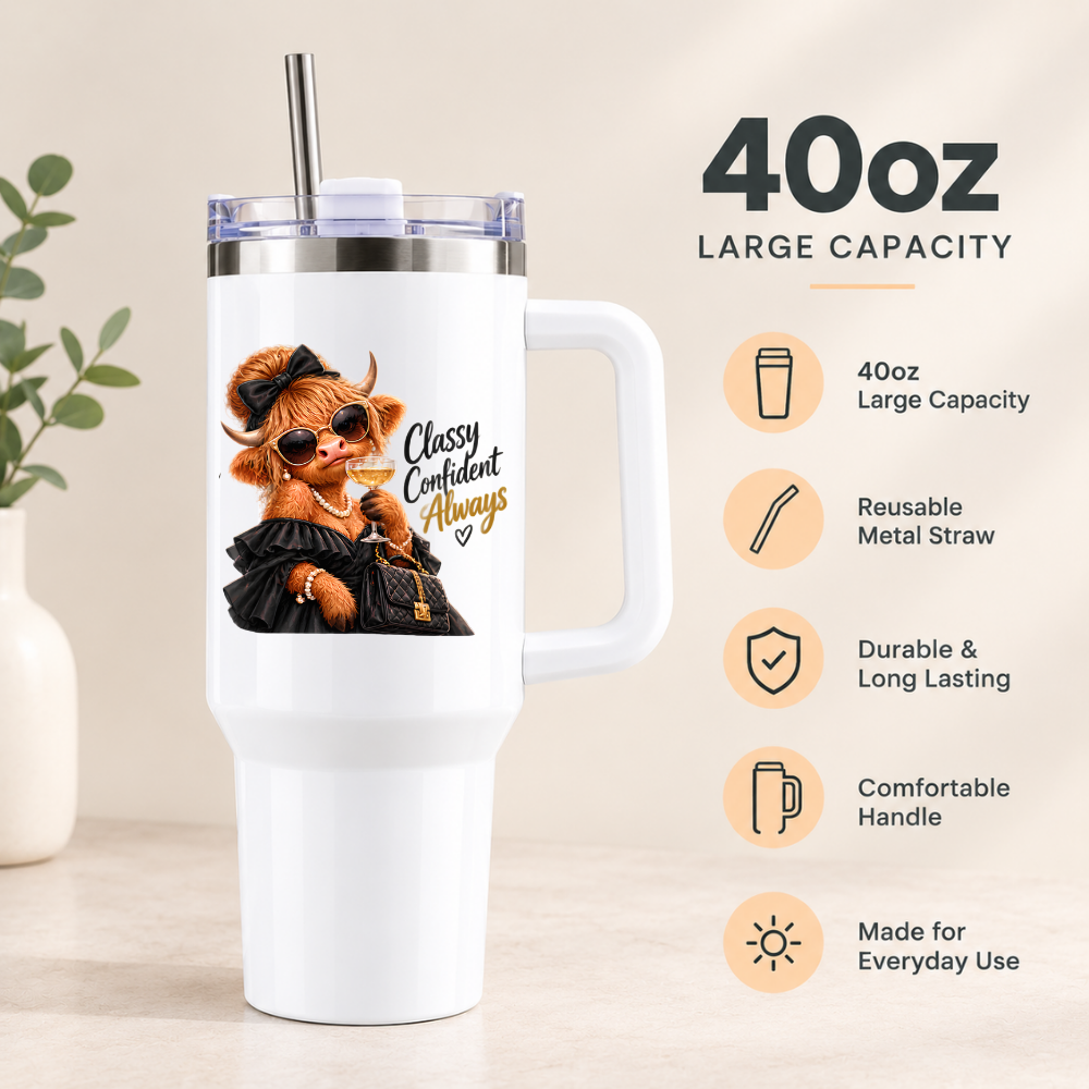 Sassy Highland Cow Travel Tumbler "Classy Confident Always" Graphic 40oz Stainless Steel Insulated Travel Mug with Handle & Straw – Fashion Cow in Black Dress, Pearl Necklace, Sunglasses & Drink Novelty Travel Cup | Fast Dispatch by UK Seller (T3023)