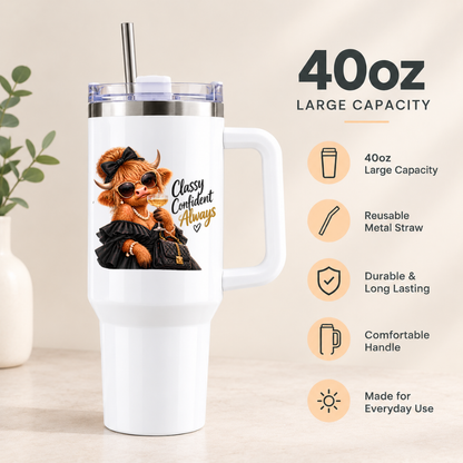 Sassy Highland Cow Travel Tumbler "Classy Confident Always" Graphic 40oz Stainless Steel Insulated Travel Mug with Handle & Straw – Fashion Cow in Black Dress, Pearl Necklace, Sunglasses & Drink Novelty Travel Cup | Fast Dispatch by UK Seller (T3023)