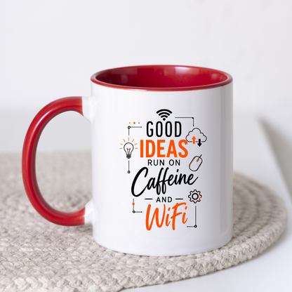 Tech Mug "Good Ideas Run On Caffeine And WiFi" Good Ideas Run On Caffeine And WiFi 325ml Ceramic Coffee Mug – Funny Tech & Office Typography Mug with Lightbulb, Cloud & WiFi Icons | Gift for IT & Remote Workers | Fast Dispatch by UK Seller (M3332)
