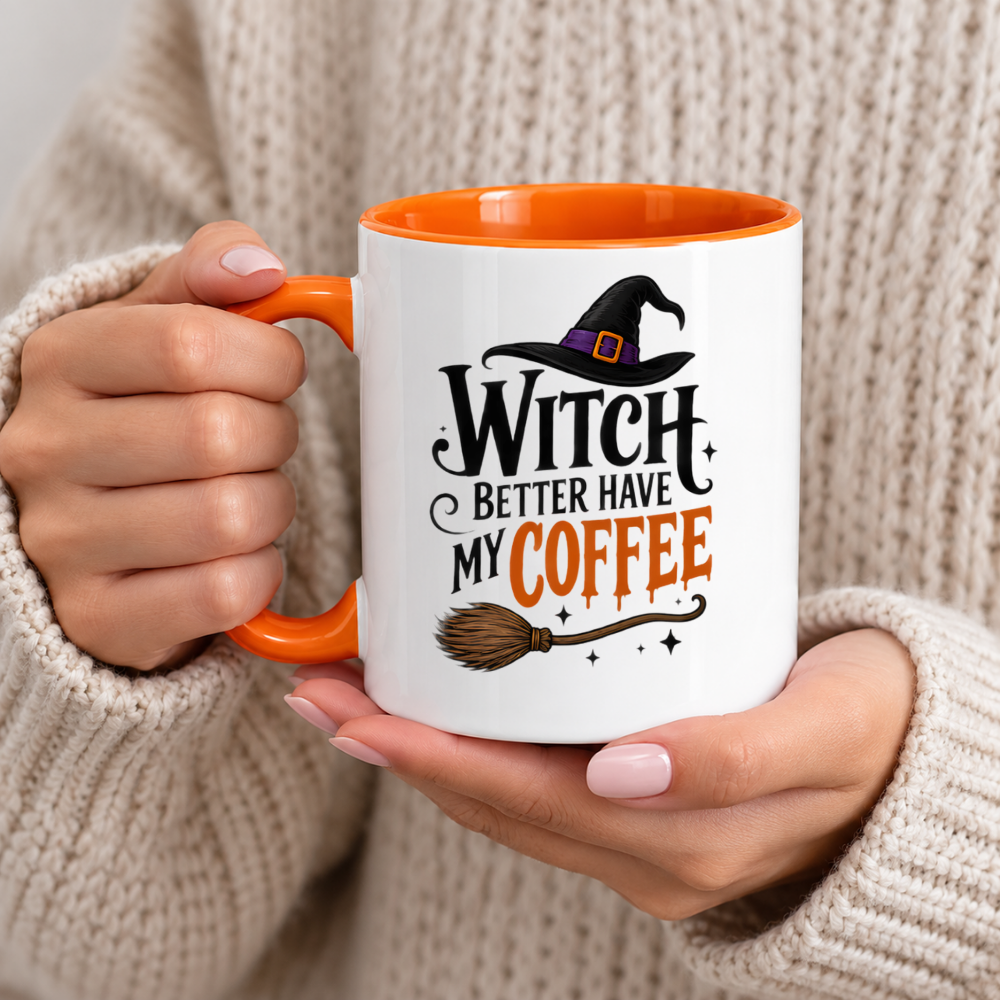 Halloween Mug "Witch Better Have My Coffee" Witch Better Have My Coffee 325ml Ceramic Coffee Mug – Funny Halloween Autumn Tea Cup with Witch Hat Broomstick Sparkles Graphic Gift | Available in Multicolours | Fast Dispatch by UK Seller (M3203)