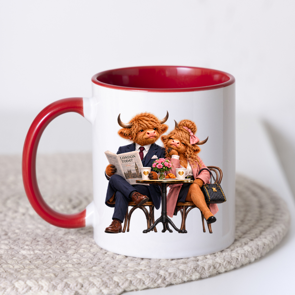 Fashion Mug "London Cafe Highland Cow Couple" London Cafe Highland Cow Couple 325ml Ceramic Coffee Mug – Chic London Today Newspaper Tea Cup With Suit Pink Coat Bistro Coffee Graphic Gift | Available in Multicolours | Fast Dispatch by UK Seller (M3189)