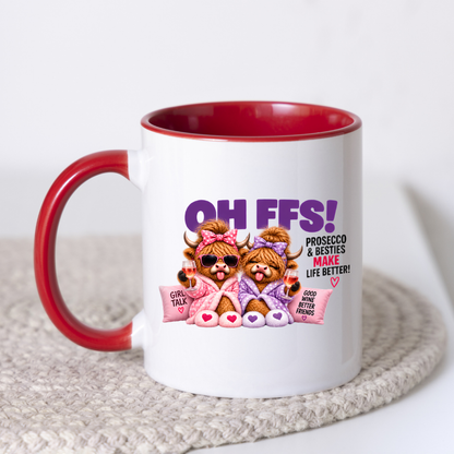 Prosecco Besties Highland Cows Mug "OH FFS! Prosecco & Besties Make Life Better" Oh Ffs! Prosecco & Besties 325ml Ceramic Coffee Mug – Cute Highland Cows in Bathrobes with Wine Glasses & Pillows | Funny Bestie Gift | Fast Dispatch by UK Seller (M3368)
