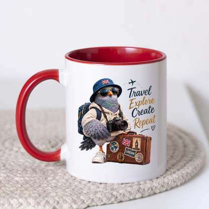 Travel Mug "Travel Explore Create Repeat Cool Pigeon" 325ml Ceramic Coffee Mug – Cool Traveller Pigeon Camera Bucket Hat Union Jack Suitcase Sneakers Gift For Tourists Photographers | Available in Multicolours | Fast Dispatch by UK Seller (M3235)