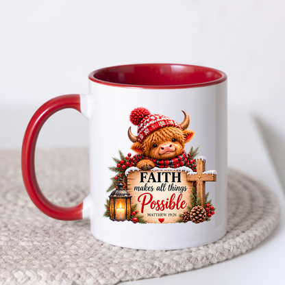 Christmas Mug "Faith Makes All Things Possible Matthew 19:26" Faith Makes All Things Possible 325ml Ceramic Coffee Mug – Festive Highland Cow Mug With Wooden Cross Lantern Holiday Gift | Available in Multicolours | Fast Dispatch by UK Seller (M3318)