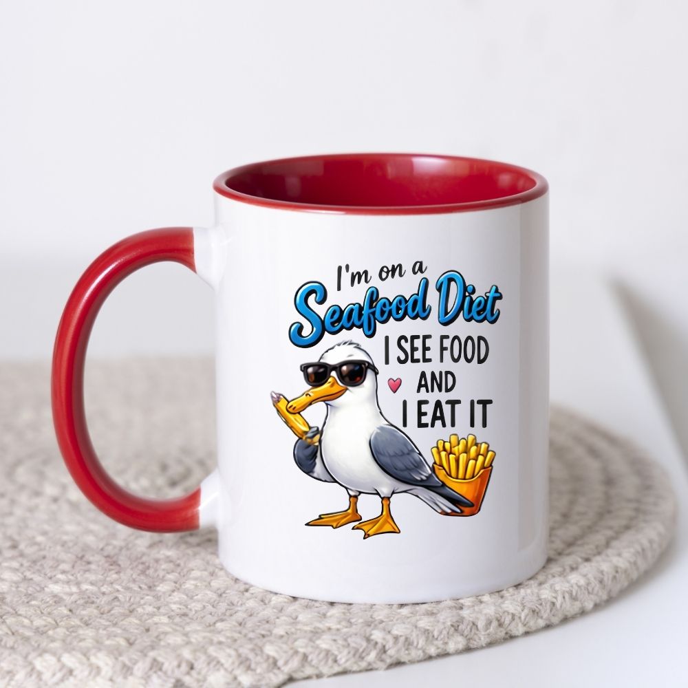 Humorous Mug "I'm On A Seafood Diet I See Food And I Eat It" Funny Seagull 325ml Ceramic Coffee Mug Sassy Beach Bird Tea Cup with Sunglasses, Chips & Ice Lolly Graphic Gift | Available in Multicolours | Fast Dispatch by UK Seller (M1311)