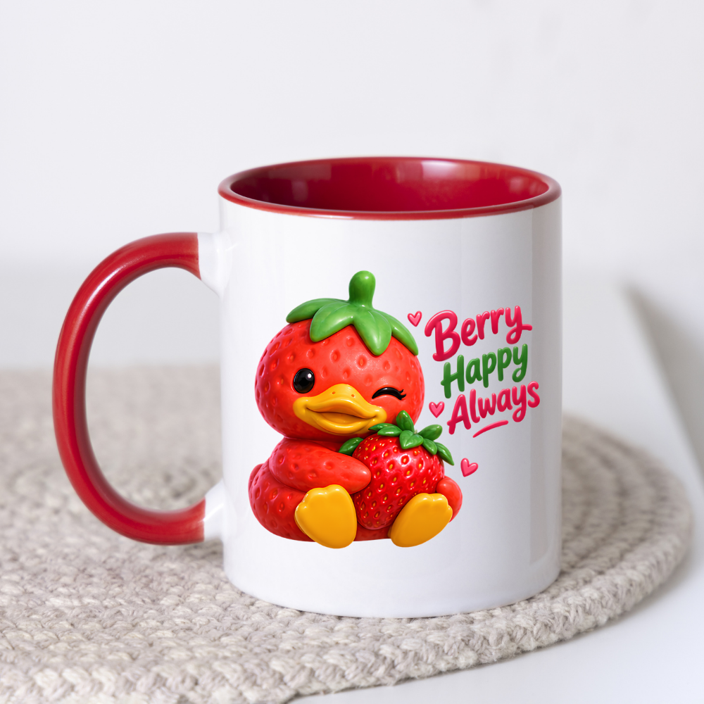 Inspirational Mug "Berry Happy Always Strawberry Duck" Berry Happy Always 325ml Ceramic Coffee Mug – Cute Winking Strawberry Duck Hugging A Strawberry Heartwarming Gift For Friends Family | Available in Multicolours | Fast Dispatch by UK Seller (M3247)