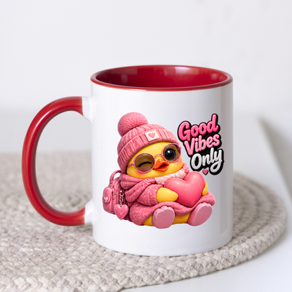 Inspirational Mug "Good Vibes Only Pink Duck" 325ml Ceramic Coffee Mug – Cute Winking Yellow Duck in Pink Beanie, Sweater, Glasses Backpack Hugging Pink Heart Cute Gift For Friends Family | Available in Multicolours | Fast Dispatch by UK Seller (M3253)