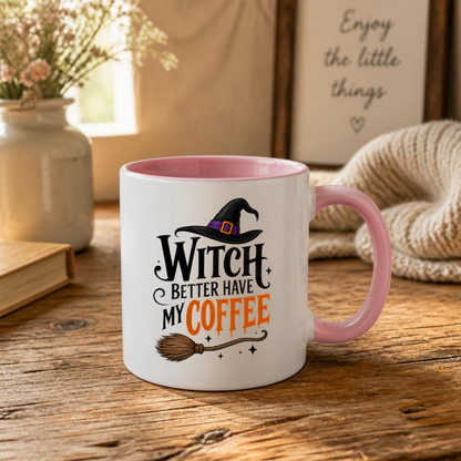 Halloween Mug "WITCH BETTER Have My Coffee" Funny Witch Hat 325ml Ceramic Coffee Mug – Novelty Autumn Tea Cup with Witch Broom & Orange Text Graphic Gift | Available in Multicolours | Fast Dispatch by UK Seller (M3069)