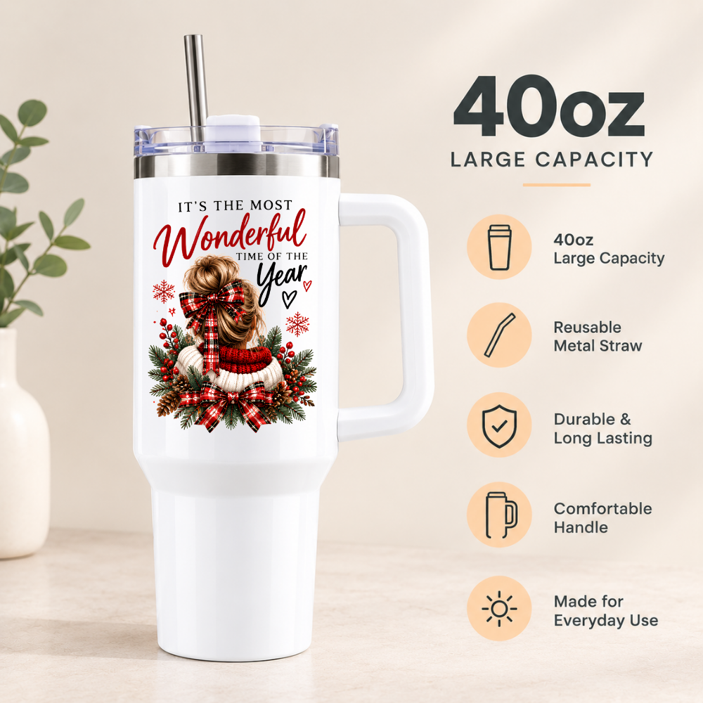 Festive Christmas Travel Tumbler "It's the Most Wonderful Time of the Year" Graphic 40oz Stainless Steel Insulated Travel Mug with Handle & Straw – Cozy Woman Bun, Red Ribbon, Jumper & Pine Wreath Novelty Travel Cup | Fast Dispatch by UK Seller (T3037)