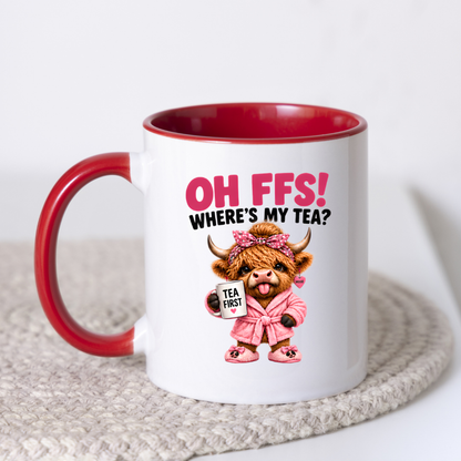 Highland Cow Tea Mug "OH FFS! Where's My Tea?" Oh Ffs! Where's My Tea? 325ml Ceramic Coffee Mug – Cute Highland Cow in Pink Bathrobe with Polka-Dot Bow, Slippers & Tea First Mug | Funny Gift | Fast Dispatch by UK Seller (M3378)