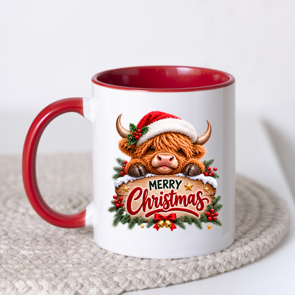 Christmas Mug "Peeking Santa Hat Highland Cow" Peeking Santa Hat Highland Cow 325ml Ceramic Coffee Mug – Cute Festive Wooden Sign Tea Cup With Holly Jingle Bells Graphic Present | Available in Multicolours | Fast Dispatch by UK Seller (M3171)