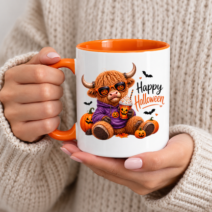 Halloween Mug "Highland Cow Hoodie Happy Halloween" Highland Cow Hoodie Happy Halloween 325ml Ceramic Coffee Mug – Cute Halloween Autumn Tea Cup Purple Hoodie Jack O Lantern Sunglasses Pumpkin Drink Graphic Gift | Fast Dispatch by UK Seller (M3219)