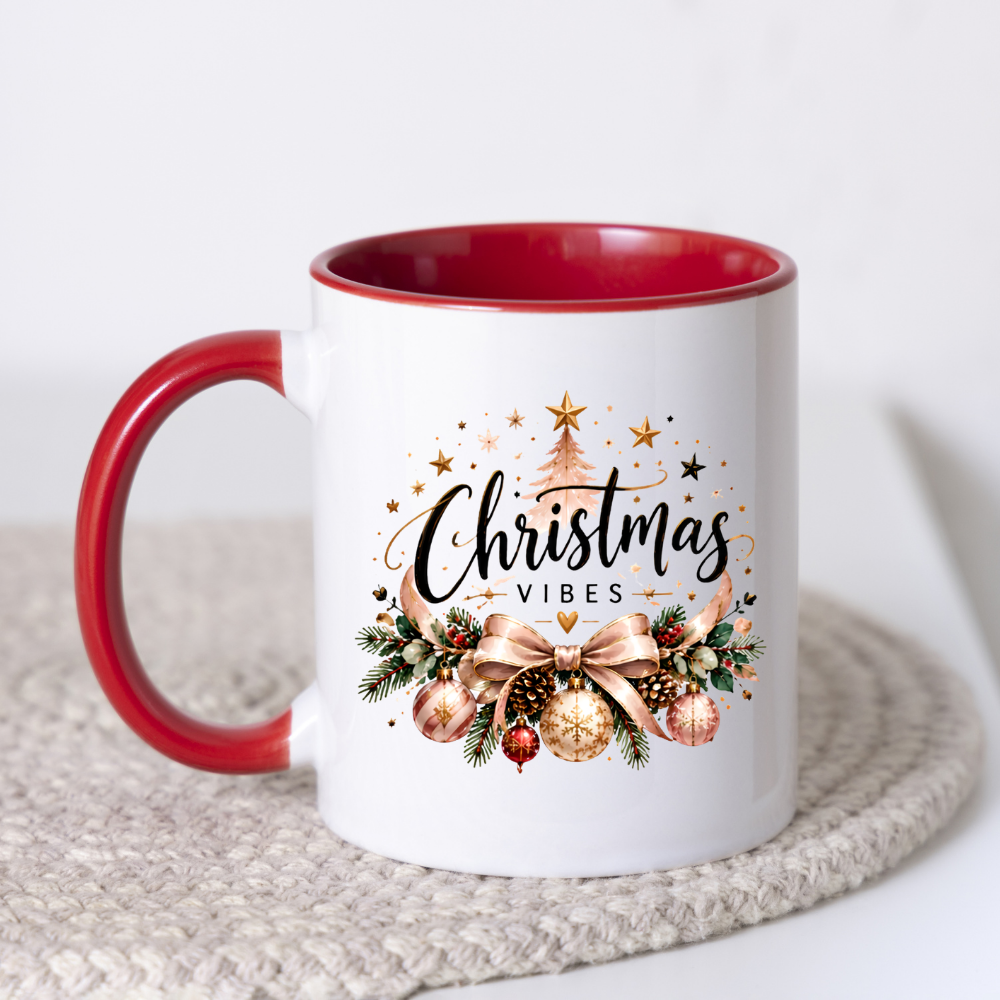 Elegant Rose Gold Christmas Mug "Christmas Vibes" Elegant Christmas Vibes 325ml Ceramic Coffee Mug – Rose Gold Ribbon Bow, Baubles, Pine Garlands & Starry Christmas Tree Slogan | Festive Holiday Gift | Fast Dispatch by UK Seller (M3437)