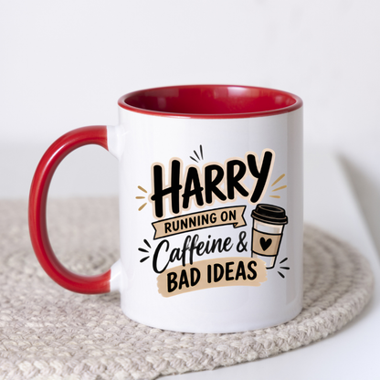 Personalized Name Mug "Harry Running On Caffeine & Bad Ideas" Harry Running On Caffeine & Bad Ideas 325ml Ceramic Coffee Mug –Custom Name Typography Slogan with Coffee Cup Graphic & Beige Banner Highlights | Funny Gift | Fast Dispatch by UK Seller (M3449)