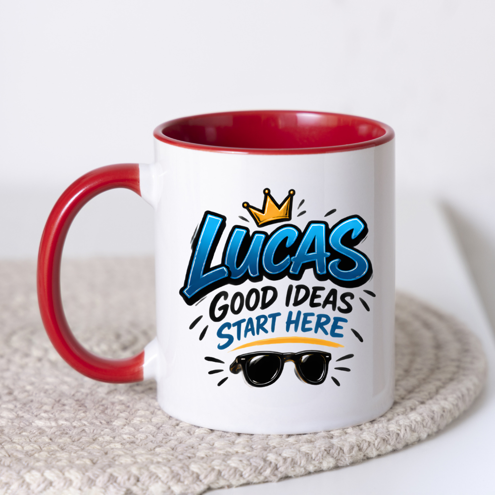 Personalized Name Mug "Lucas Good Ideas Start Here" Lucas Good Ideas Start Here 325ml Ceramic Coffee Mug – Custom Name Typography Slogan with Golden Crown & Sunglasses Graphic | Cool Gift | Fast Dispatch by UK Seller (M3442)