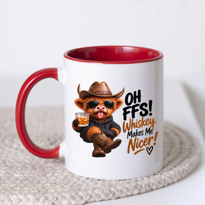 Highland Cow Whiskey Lover Mug "Oh FFS! Whiskey Makes Me Nicer!" Oh FFS! Whiskey Makes Me Nicer! 325ml Ceramic Coffee Mug – Cute Highland Cow in Cowboy Hat, Hoodie & Boots holding Rocks Glass | Funny Gift | Fast Dispatch by UK Seller (M3394)