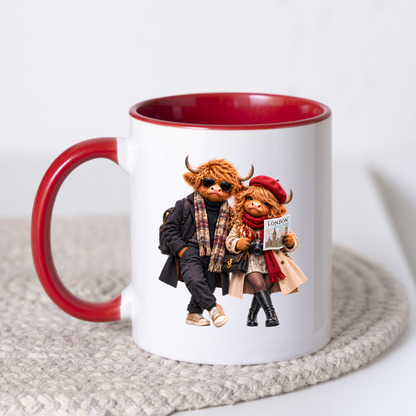 Highland Cow Mug "London Travelers Highland Cow Couple" 325ml Ceramic Coffee Mug – Stylish Highland Cow Couple in Beret, Sunglasses Trench Coats Holding Camera Gift For Travelers Couples | Available in Multicolours | Fast Dispatch by UK Seller (M3260)