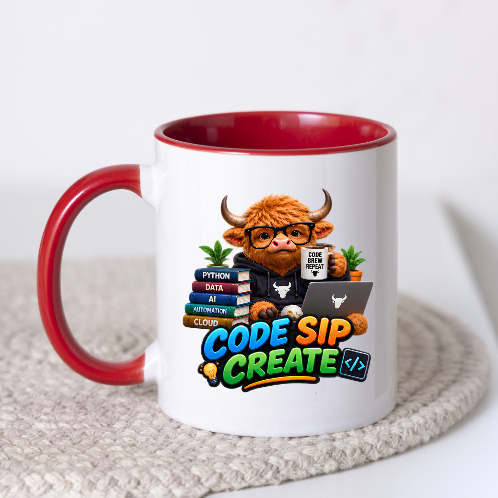 Coding Mug "Code Sip Create Highland Cow" 325ml Ceramic Coffee Mug – Cute Highland Cow Developer with Glasses Books Laptop Code Brew Repeat Cup Tech Gift For Programmers Coders | Available in Multicolours | Fast Dispatch by UK Seller (M3229)