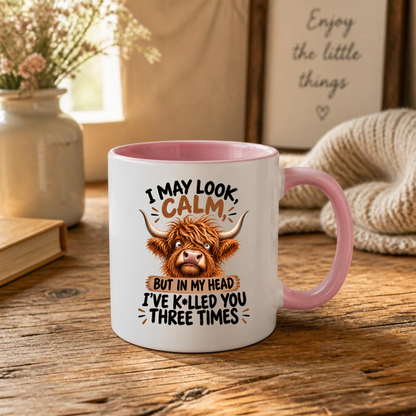 Funny Mug "I May Look Calm" Highland Cow Ceramic Coffee Mug Sarcastic Work & Office Novelty Cup 350ml | Fast Dispatch by UK Seller (M1059)