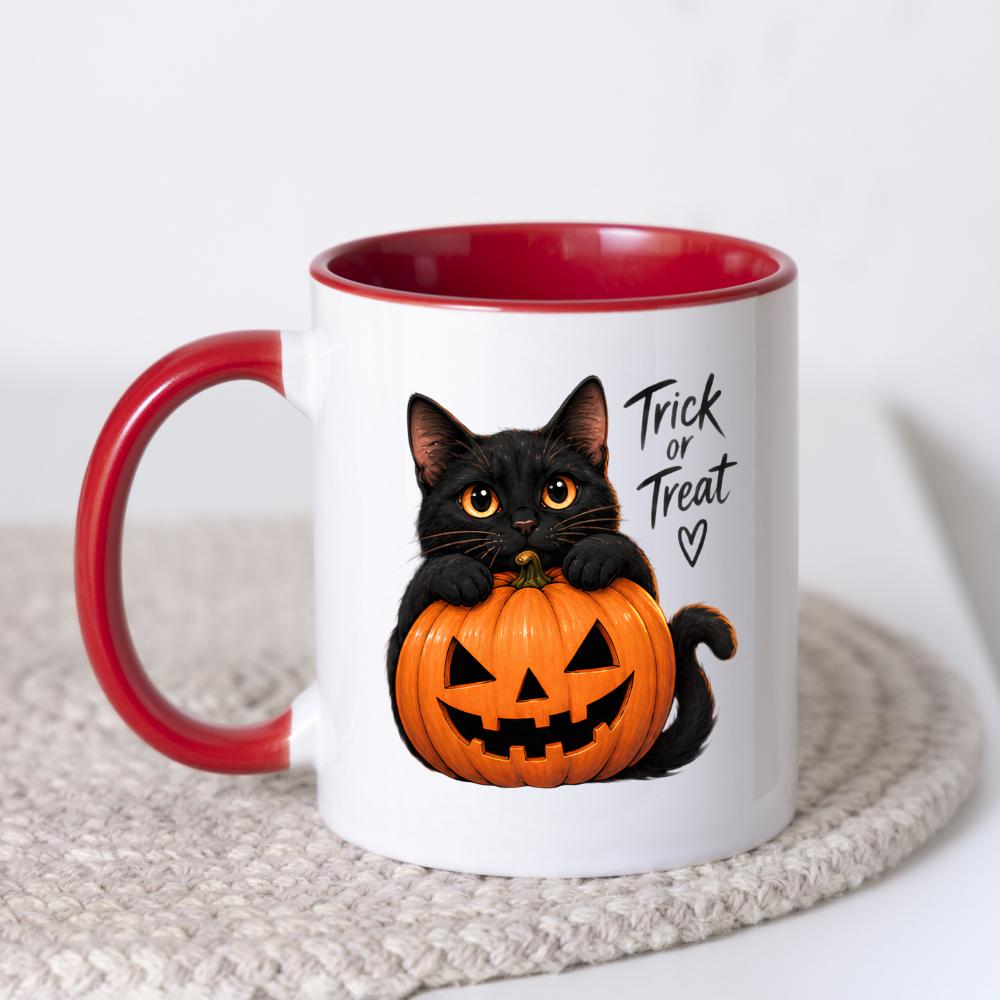 Halloween Mug "Black Cat Pumpkin Trick or Treat" Black Cat Pumpkin Trick or Treat 325ml Ceramic Coffee Mug – Cute Halloween Autumn Tea Cup With Black Kitty Jack O Lantern Graphic Gift | Available in Multicolours | Fast Dispatch by UK Seller (M3223)