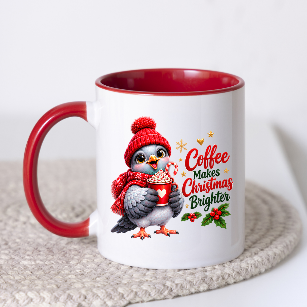 Christmas Mug "Coffee Makes Christmas Brighter Cute Bird" 325ml Ceramic Coffee Mug – Cute Christmas Bird in Red Beanie Hat Scarf Holding Cocoa Cup Holiday Gift For Bird Coffee Lovers | Available in Multicolours | Fast Dispatch by UK Seller (M3266)