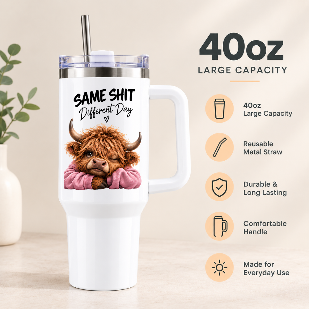 Funny Sassy Highland Cow Travel Tumbler "Same Shit Different Day" Graphic 40oz Stainless Steel Insulated Travel Mug with Handle & Straw – Moody Cow in Pink Jumper Novelty Travel Cup | Fast Dispatch by UK Seller (T3029)