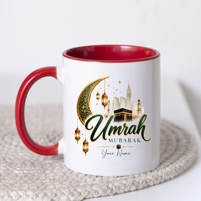 Personalised Umrah Mubarak Mug 325ml Ceramic Coffee Tea Cup – Custom Name, Green & Gold Crescent Moon, Lanterns & Kaaba Religious Pilgrimage Gift for Family, Friends, Hajj Celebration – Fast Dispatch by UK Seller (M3485)