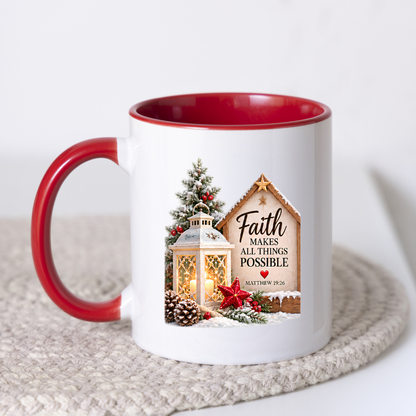 Christmas Mug "Faith Makes All Things Possible Matthew 19:26" 325ml Ceramic Coffee Mug – Cozy Winter Lantern Snow Covered Tree Wooden Sign Christian Holiday Gift | Available in Multicolours | Fast Dispatch by UK Seller (M3298)