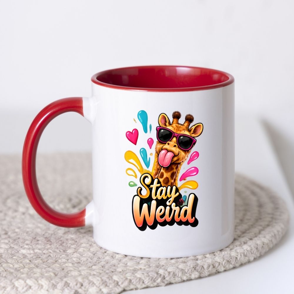 Quirky Mug "Stay Weird" Funny Giraffe 325ml Ceramic Coffee Mug Sassy Animal Lover Tea Cup with Sunglasses, Splashes & Hearts Graphic Gift | Available in Multicolours | Fast Dispatch by UK Seller (M1319)