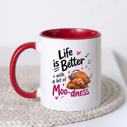 Inspiring Mug "Life is Better with a bit of Moo-dness" Highland Cow 325ml Ceramic Coffee Mug Cute Animal Tea Cup with Headphones, Music Notes & Hearts Gift | Available in Multicolours | Fast Dispatch by UK Seller (M1290)