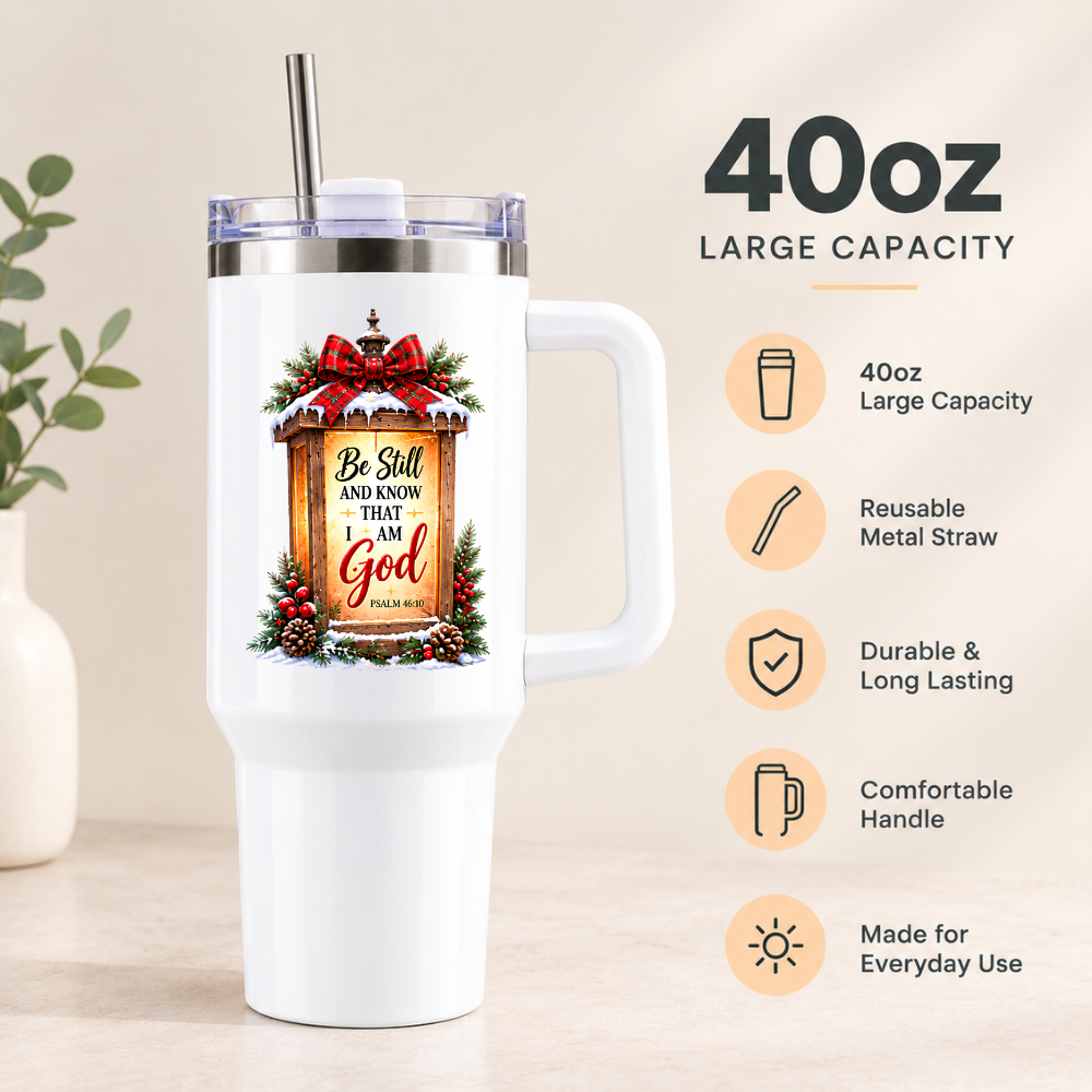 Inspirational Religious Travel Tumbler "Be Still And Know That I Am God" Graphic 40oz Stainless Steel Insulated Travel Mug with Handle & Straw “ Rustic Lantern with Tartan Bow, Pinecones & Holly Berries Novelty Cup | Fast Dispatch by UK Seller (T3010)