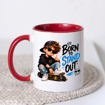 Skater Mug "Born To Stand Out" 325ml Ceramic Coffee Tea Cup – Cool Boy Graphic, Sunglasses, Skateboard & Slogan Novelty Gift for Teens, Bestie, Birthday – Fast Dispatch by UK Seller (M3498)
