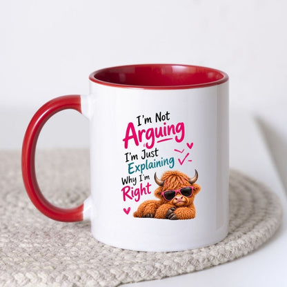 Sassy Mug "I'm Not Arguing I'm Just Explaining Why I'm Right" Highland Cow 325ml Ceramic Coffee Mug – Funny Sarcastic Tea Cup with Pink Sunglasses Hearts Gift | Available in Multicolours | Fast Dispatch by UK Seller (M1283)