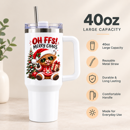 Festive Christmas Highland Cow Travel Tumbler "OH FFS! MERRY CHAOS" Graphic 40oz Stainless Steel Travel Mug with Handle & Straw – Funny Christmas Gift, Secret Santa, Stocking Filler, Cow in Santa Hat & Christmas Jumper | Fast Dispatch by UK Seller (T3046)