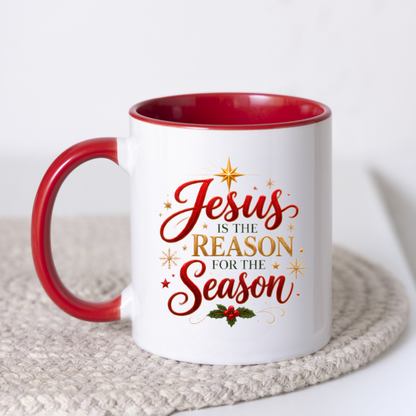 Christmas Mug "Jesus Is The Reason For The Season" 325ml Ceramic Coffee Mug – Festive Christian Typography Mug With Star Of Bethlehem Holly Gold Stars Holiday Gift | Available in Multicolours | Fast Dispatch by UK Seller (M3312)