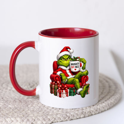 Sarcastic Mug "Naughty But Nice" Green Holiday Character 325ml Ceramic Coffee Mug Funny Grumpy Christmas Tea Cup with Santa Suit & Armchair Gift | Available in Multicolours | Fast Dispatch by UK Seller (M1239)