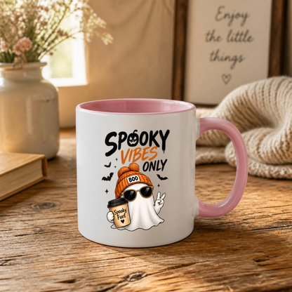 Halloween Mug "SPOOKY VIBES Only" Cool Ghost 325ml Ceramic Coffee Mug – Trendy Beanie Ghost Tea Cup with Sunglasses & Coffee Cup Graphic Gift | Available in Multicolours | Fast Dispatch by UK Seller (M3077)
