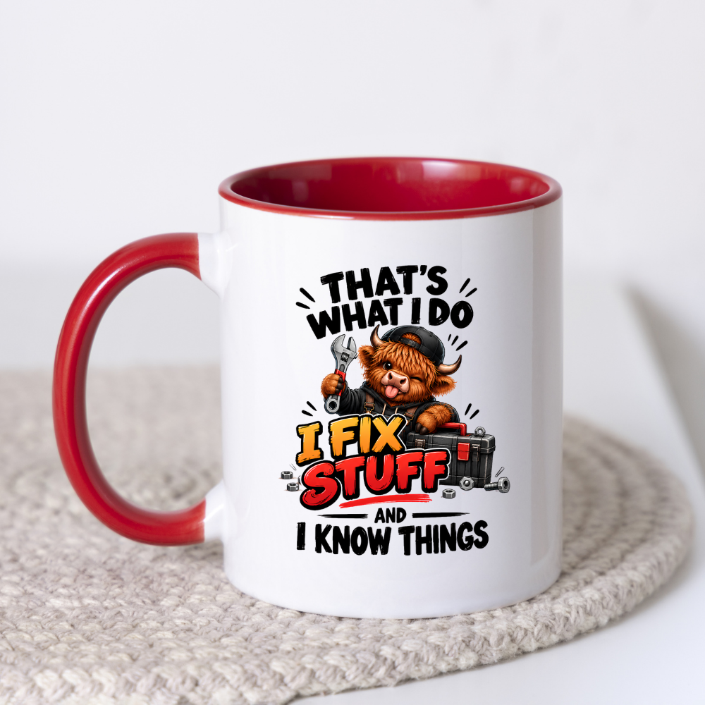 Mechanic Highland Cow Mug "That's What I Do I Fix Stuff" That's What I Do I Fix Stuff And I Know Things 325ml Ceramic Coffee Mug – Cute Handy Highland Cow with Wrench & Toolbox | Funny DIY Handyman Gift | Fast Dispatch by UK Seller (M3456)