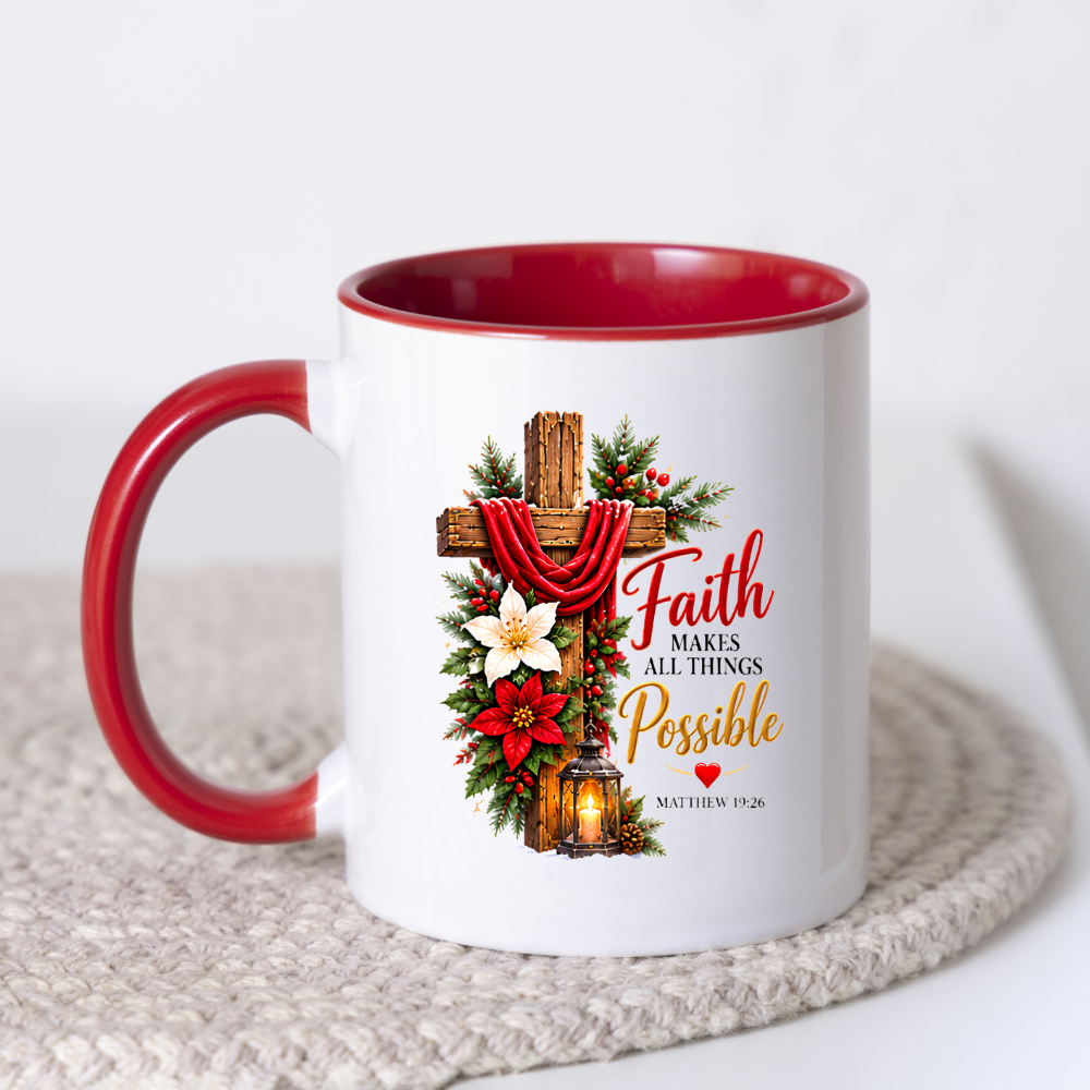 Religious Christmas Mug "Faith Makes All Things Possible" Faith Makes All Things Possible 325ml Ceramic Coffee Mug – Christian Holiday Scripture Mug with Matthew 19:26, Cross, Lantern & Poinsettia | Religious Gift | Fast Dispatch by UK Seller (M3352)