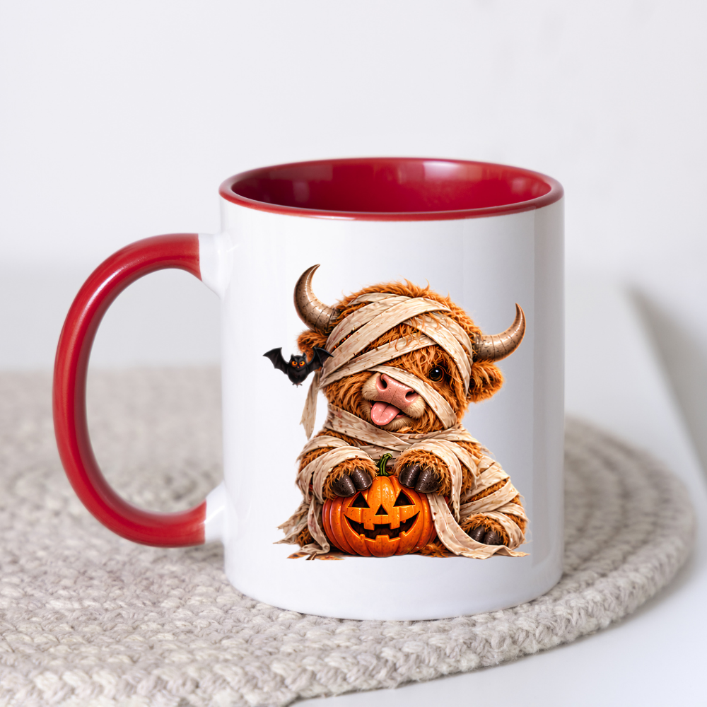 Halloween Mug "Mummy Highland Cow" Mummy Highland Cow 325ml Ceramic Coffee Mug Cute Spooky Halloween Tea Cup with Bandages and Pumpkin Graphic Gift | Available in Multicolours | Fast Dispatch by UK Seller (M3161)