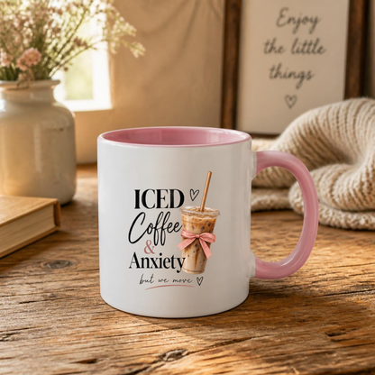 Relatable Mug "ICED Coffee & Anxiety but we move" Coquette Aesthetic 325ml Ceramic Coffee Mug Trendy Coffee Lover Tea Cup with Pink Bow & Straw Graphic Gift | Available in Multicolours | Fast Dispatch by UK Seller (M3007)