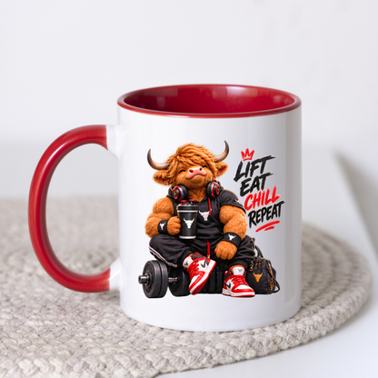 Gym Mug "Lift Eat Chill Repeat Highland Cow" Lift Eat Chill Repeat 325ml Ceramic Coffee Mug – Muscular Highland Cow in Sleeveless Hoodie & Headphones Holding Shaker Cup Gym Fitness Gift | Available in Multicolours | Fast Dispatch by UK Seller (M3272)