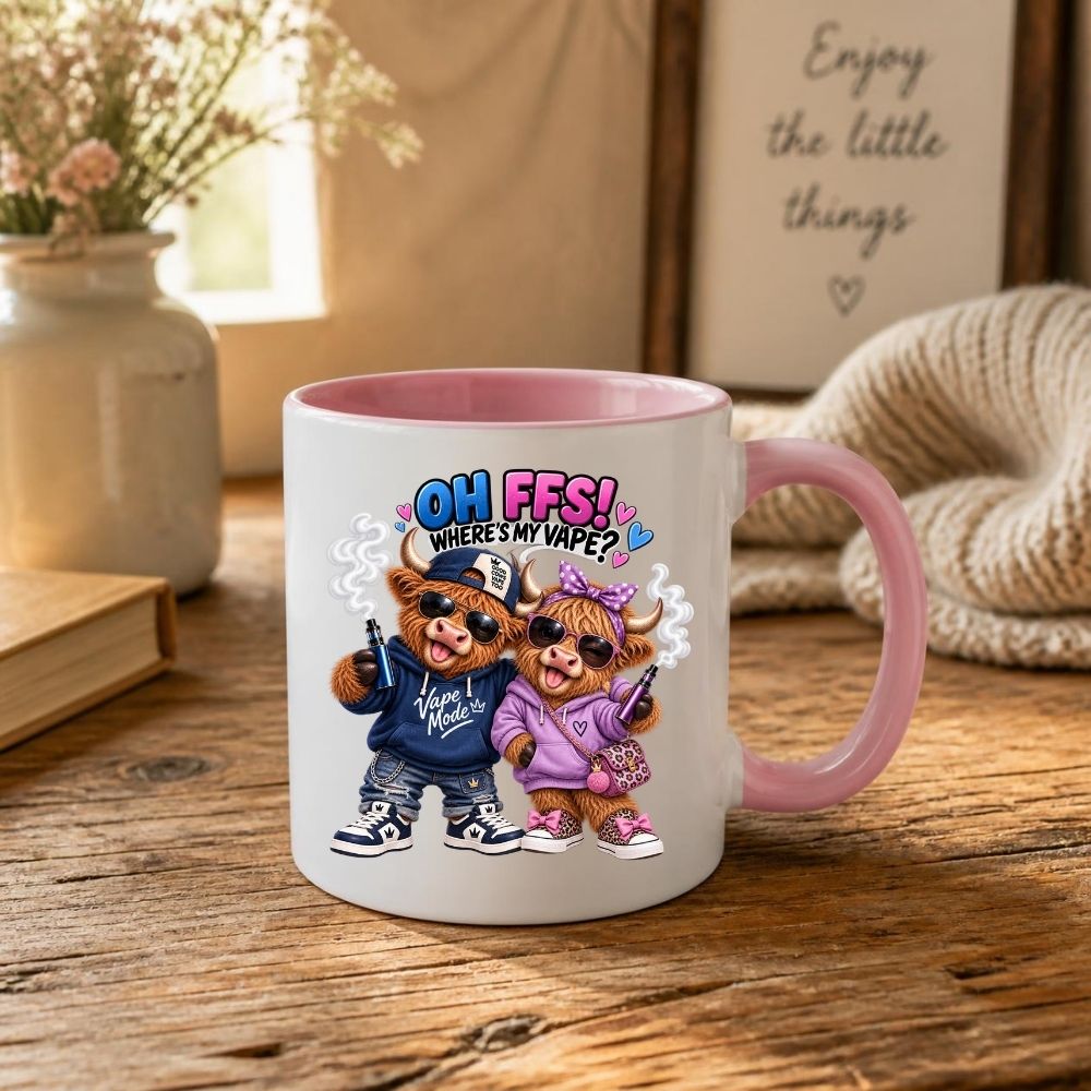Funny Mug Highland Cow Couple "Oh FFS! Where's My V?" Coffee Mug Sarcastic Meme Animals Ceramic Tea Cup & Novelty Streetwear Gift 325ml | Available in Multicolours | Fast Dispatch by UK Seller (M1322)