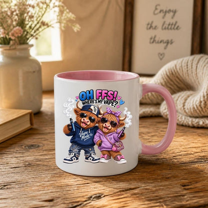 Funny Mug Highland Cow Couple "Oh FFS! Where's My V?" Coffee Mug Sarcastic Meme Animals Ceramic Tea Cup & Novelty Streetwear Gift 325ml | Available in Multicolours | Fast Dispatch by UK Seller (M1322)